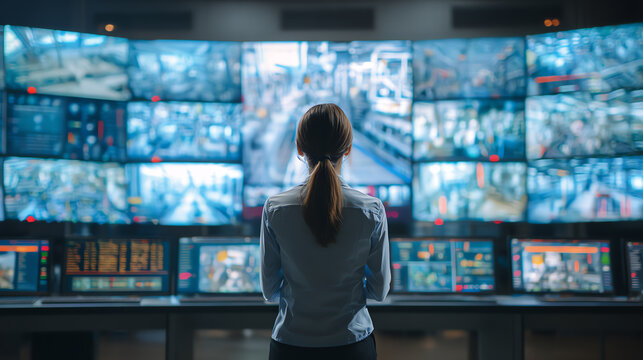 A woman monitors multiple screens in a high-tech control room, showcasing advanced surveillance technology.