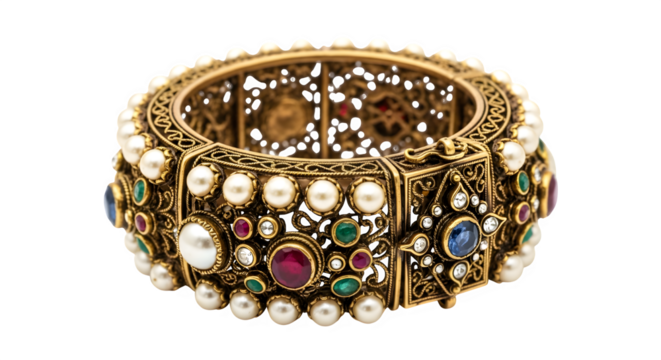Ornate gold bracelet adorned with pearls and colorful gemstones, isolated on transparent background - Powered by Adobe