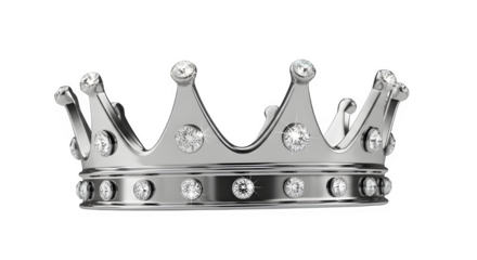 Silver crown with sparkling diamonds, a symbol of royalty, power, and success, isolated on transparent background