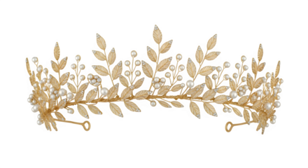 Elegant golden wedding headpiece adorned with leaves and pearls, isolated on transparent background