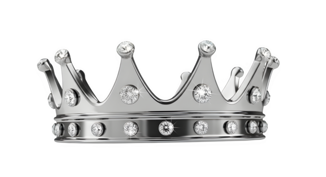 Silver crown with sparkling diamonds, a symbol of royalty, power, and success, isolated on transparent background