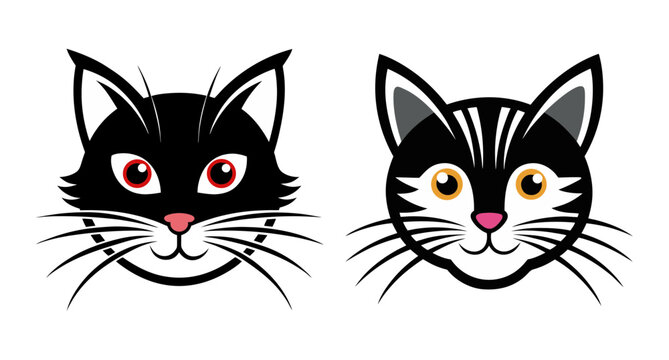 Adorable pair of cartoon cat faces with whiskers