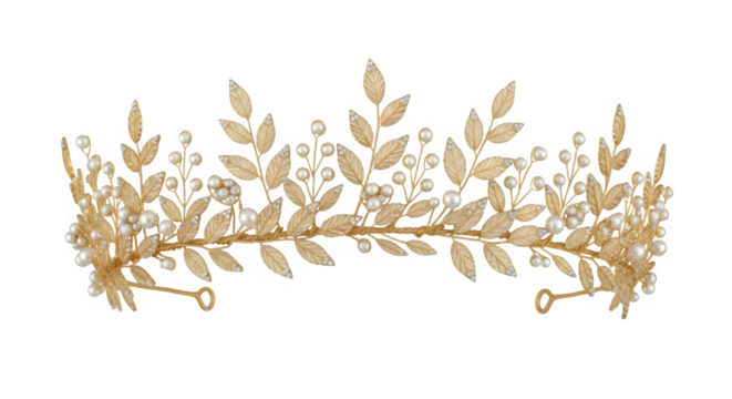 Elegant golden wedding headpiece adorned with leaves and pearls, isolated on transparent background