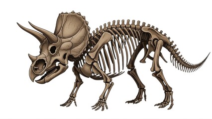 Triceratops dinosaur skeleton fossil prehistoric animal paleontology science illustration extinct ancient 100myo on transparent background