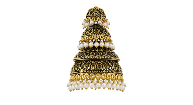 Beautiful traditional indian golden jhumka earring with white pearls, isolated on transparent background