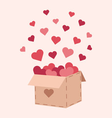 Vector illustration of an open cardboard box with pink and red hearts. Sweet, romantic flat-style graphics on a white background for Valentine's Day.