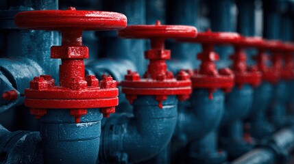 Row of red industrial valves on blue pipes in a factory setting