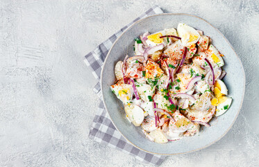 potato and egg salad, red onion, with mayonnaise, homemade, no people,