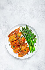 fried fish fillet, tilapia with asparagus, homemade, no people,