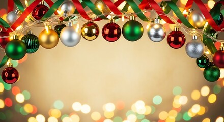 Festive Christmas ornaments and ribbons create a joyful holiday atmosphere with warm, inviting bokeh lights ideal for seasonal greetings and promotions