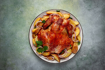fried, baked chicken, in the oven, with spices, and rustic potatoes, top view, homemade,