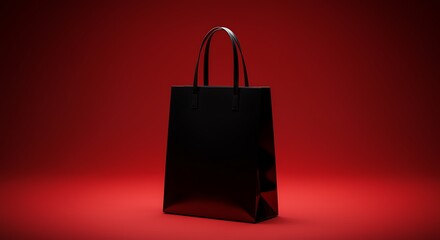 Elegant black tote bag with minimalist design on rich red background