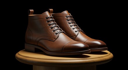 Elegant brown leather boots for men on a wooden display