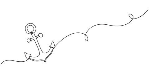Continuous line drawing of sea anchor, Large sea anchor of the ship. Set of sea ocean elements. Continuous one line drawing of anchor banner. Linear style, Continuous one line drawing of anchor banner