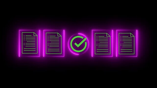 GLOWING NEON Digital checklist and approval workflow showing business document validation and system for decision making, process optimization, and quality verification with high efficiency