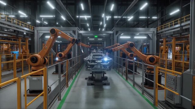 A single stabilized dolly shot moves through a dimly lit welding tunnel, capturing sync robotic video