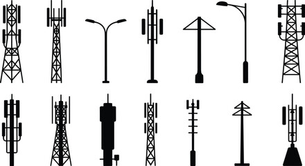 Cell tower and streetlight silhouette set, telecom infrastructure clipart, antenna pole illustration, black urban structure artwork