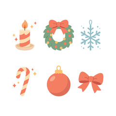 Set of cute flat Christmas icons including a candle, wreath, snowflake, candy cane, ornament, and bow. Festive holiday vector design perfect for winter, greeting cards, and seasonal decorations.