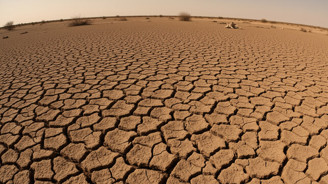 Barren land stretches for miles, with dry, cracked earth creating a unique pattern. Sparse vegetation dots the landscape, showcasing the harsh climate of this remote desert area