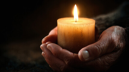A close-up of a lit candle held in cupped hands, radiating warmth and serenity. The flame dances against the darkness, creating a sense of peace and contemplation