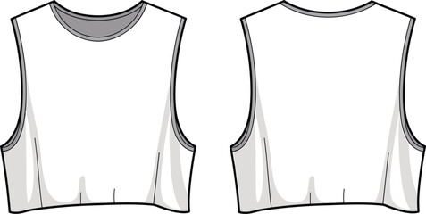 Sleeveless white crop top front and back view, round neck fitted style, fashion apparel design, cad drawing flat vector illustration