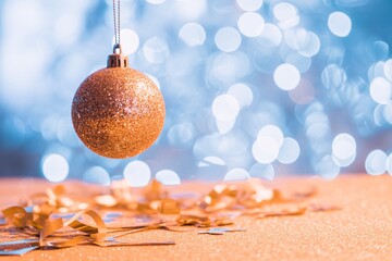 Christmas ornament background with bokeh lights and gold glitter decorations