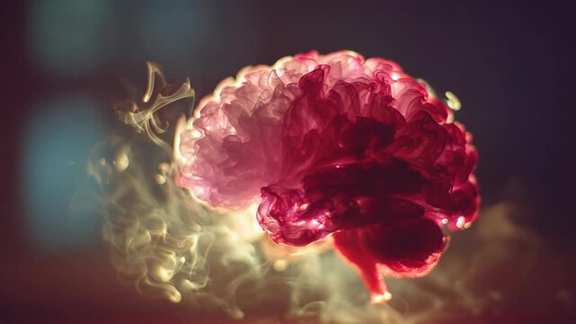 Animated sequence of human brain igniting with fiery glow. Neural explosion visualizing burst of ideas and creative thinking concept.