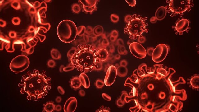 Microscopic view of cortisol molecules and red blood cells in motion