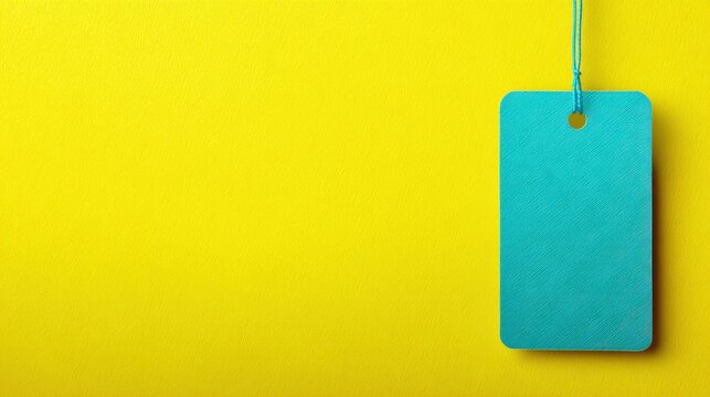 Blue textured price tag hanging on a vibrant yellow background with copy space - Powered by Adobe