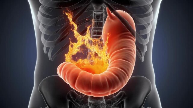 Animated medical illustration of a failing lower esophageal sphincter with internal burning