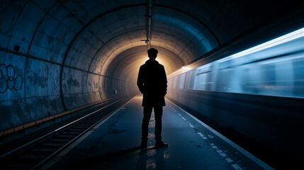 Fototapeta premium A man stands still on the tracks in a dim subway tunnel, silhouetted against bright light from an approaching train, creating a dramatic scene at dusk