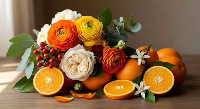 Floral and Citrus Arrangement - A Vibrant Still Life Composition.