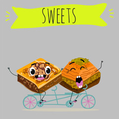 Funny Characters Turkish Traditional desserts pistachio baklava, hand drawn vector illustration.