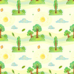 Trees pencil drawings seamless pattern.