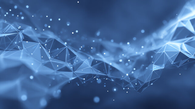 Abstract blue digital waves with geometric patterns and particles, creating a futuristic technology backdrop.