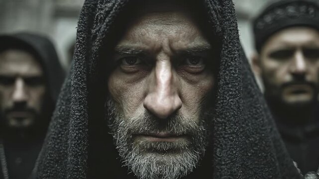 Group of hooded men staring intensely in dark cloaks. Mysterious assembly of cloaked figures with beards. Secret ritual or historical brotherhood concept