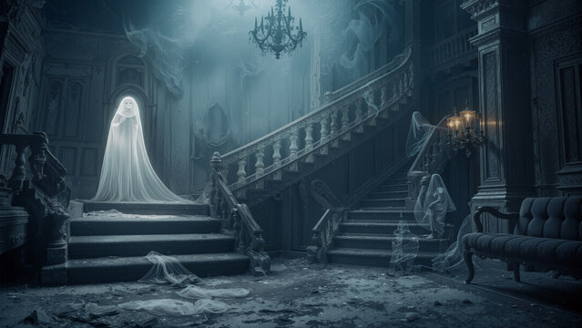A ghostly figure draped in white stands at the top of a grand staircase in an old mansion. Mysterious light filters through dust, creating an eerie atmosphere with shadows and remnants of the past
