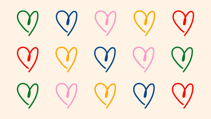 A vibrant mix of multicolor hand-drawn hearts in various shades. Suitable for expressive posters, youthful branding, colorful Valentine’s projects