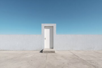 Minimalist white door set against a clear blue sky and plain walls invites curiosity about the space beyond in an open field