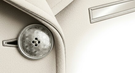 Detailed view of a button on a white coat collar with copy space  