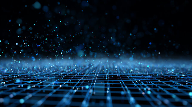 Abstract digital background featuring luminous particles and grid structure, representing modern technology and innovation. - Powered by Adobe