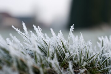 Frost-covered grass blades on a chilly winter morning