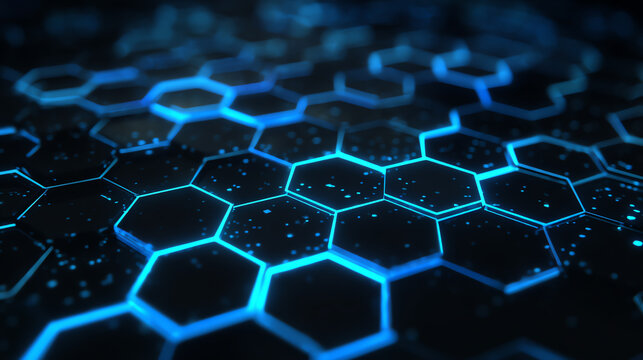 Abstract hexagonal pattern glowing in blue light, showcasing modern digital technology and futuristic design elements.