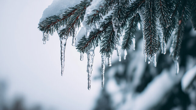 Icicles hanging from a snow-covered evergreen branch, capturing the beauty of winter's chill and nature's intricate formation.