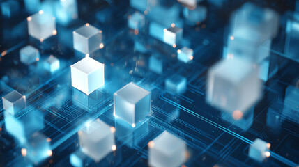 Abstract representation of digital technology with floating translucent cubes and glowing circuits in blue hues.
