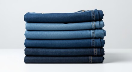 Neatly stacked blue denim jeans on white surface