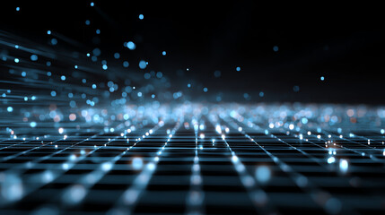 Abstract representation of digital data flow with glowing particles on a grid, ideal for tech and innovation themes.