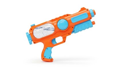 Naklejka premium Bright orange and blue water toy gun with transparent water chamber