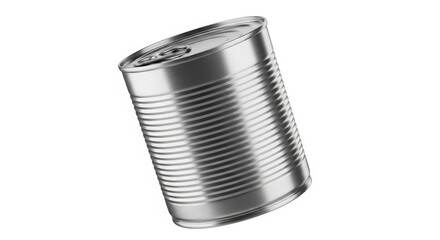 Shiny metal canned food tin with ribbed surface isolated on white background