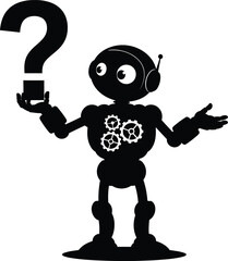 Cute robot character holding a big question mark symbol with gears visible inside, black silhouette vector illustration of artificial intelligence concept.